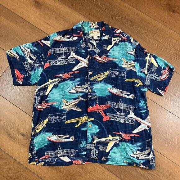 Paradise Found Men's Navy Airplane Print Button-down Short Sleeve Shirt Sz 2XL - Picture 1 of 6